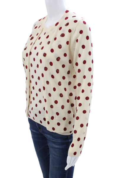 J Crew Women Cardigan Ivory Polka Dot 100% Merino Wool Button Crewneck Size S