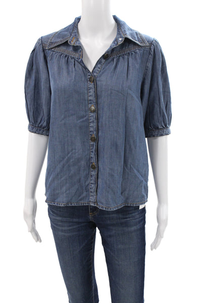Ramy Brook Womens Blue Cotton Collared Button Short Sleeve Blouse Size 2XS