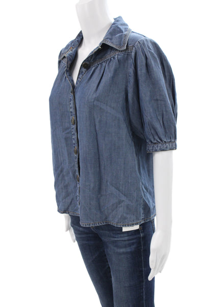 Ramy Brook Womens Blue Cotton Collared Button Short Sleeve Blouse Size 2XS