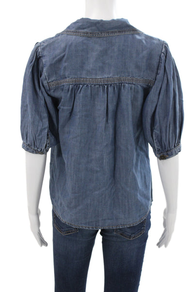 Ramy Brook Womens Blue Cotton Collared Button Short Sleeve Blouse Size 2XS