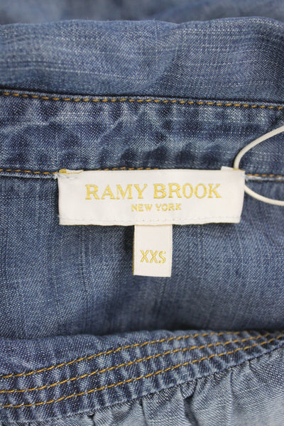 Ramy Brook Womens Blue Cotton Collared Button Short Sleeve Blouse Size 2XS