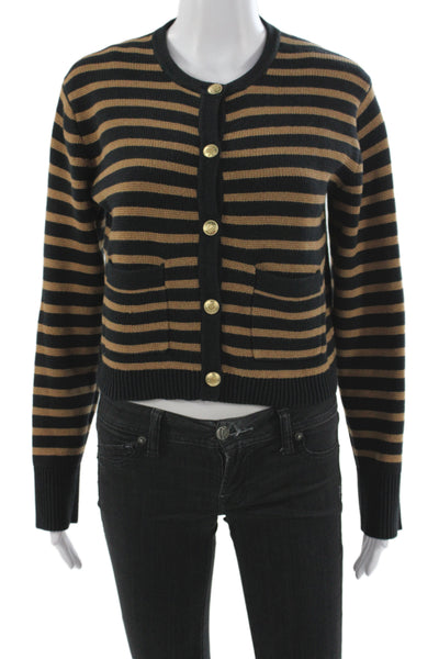 J Crew Women Black Striped Cotton Cardigan Long Sleeve Round Neck Size 2XS