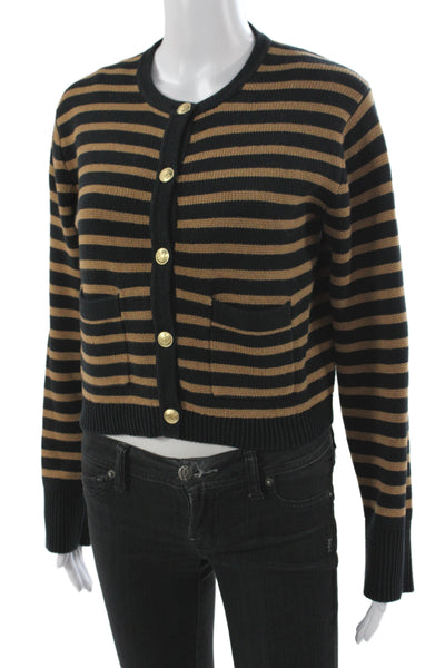 J Crew Women Black Striped Cotton Cardigan Long Sleeve Round Neck Size 2XS