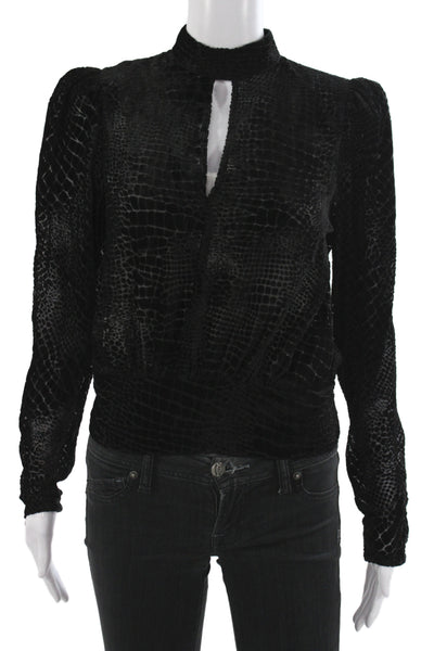 Frame Womens Cropped Animal Print Mock Neck Long Sleeve Blouse Black Size XS