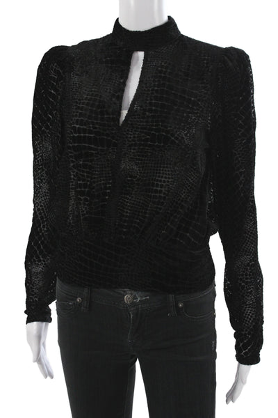 Frame Womens Cropped Animal Print Mock Neck Long Sleeve Blouse Black Size XS