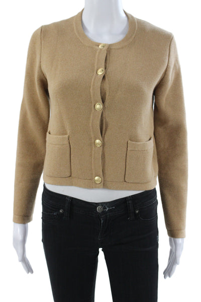 J Crew Women Cardigan Beige Cotton Round Neck Solid Long Sleeve Size XS