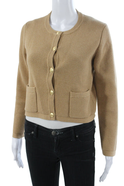 J Crew Women Cardigan Beige Cotton Round Neck Solid Long Sleeve Size XS