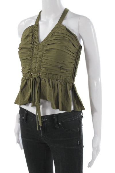 Ulla Johnson Women Cropped Halter Tank Green Cotton Sleeveless Bohemian Size 2