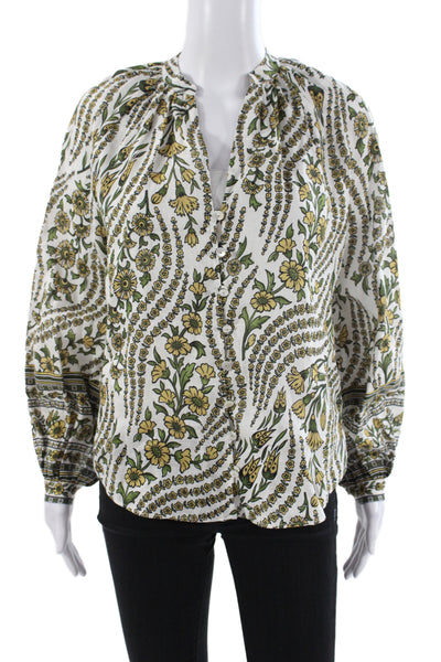 Veronica Beard Womens Green Linen Floral V-Neck Tunic Long Sleeve Size 2