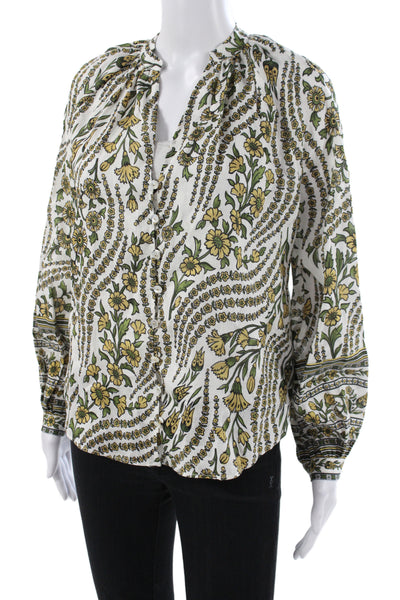 Veronica Beard Womens Green Linen Floral V-Neck Tunic Long Sleeve Size 2