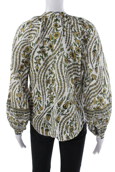 Veronica Beard Womens Green Linen Floral V-Neck Tunic Long Sleeve Size 2