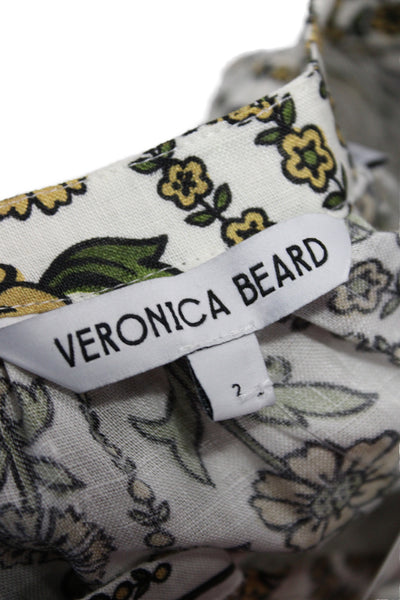 Veronica Beard Womens Green Linen Floral V-Neck Tunic Long Sleeve Size 2