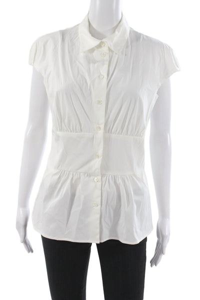 Prada Women White Collared Short Sleeve Cotton Blouse Size 44