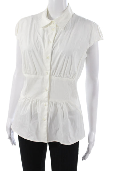 Prada Women White Collared Short Sleeve Cotton Blouse Size 44