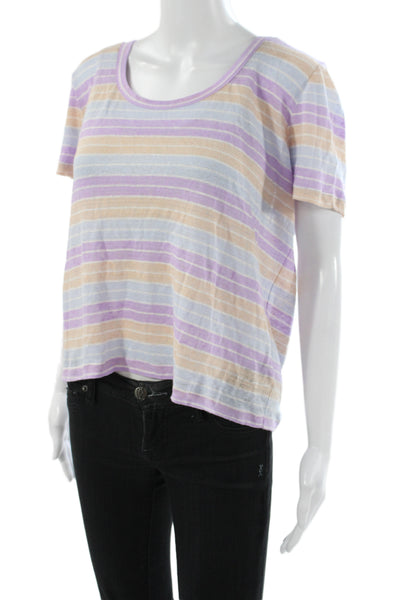 Veronica Beard Women Multicolor Linen Striped Scoop Neck T-Shirt Size M