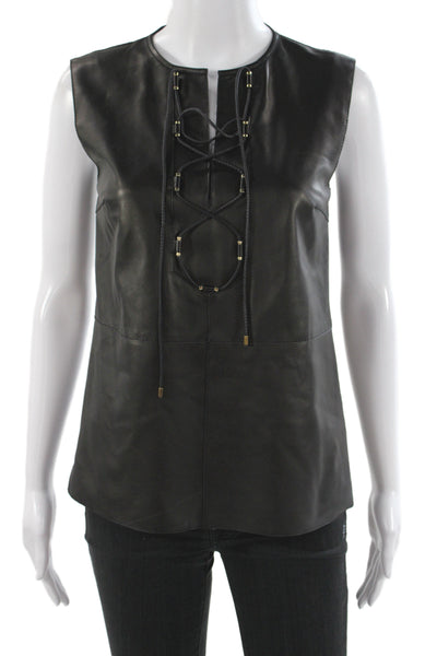 Derek Lam Women Black Leather Lace Up Sleeveless Tunic Round Neck Size S