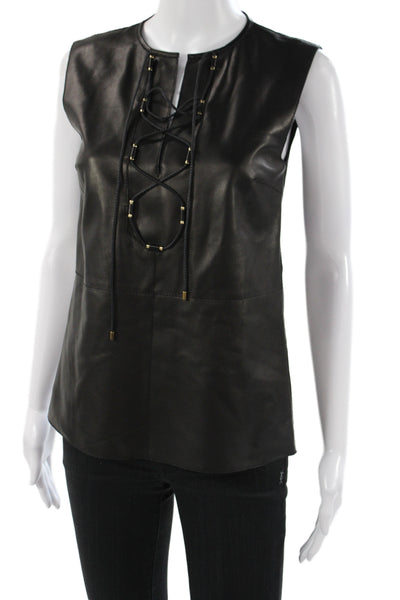 Derek Lam Women Black Leather Lace Up Sleeveless Tunic Round Neck Size S