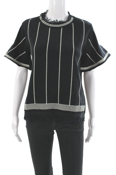 THML Womens Striped Short Sleeve Blouse Black Round Neck 60% Cotton Size S