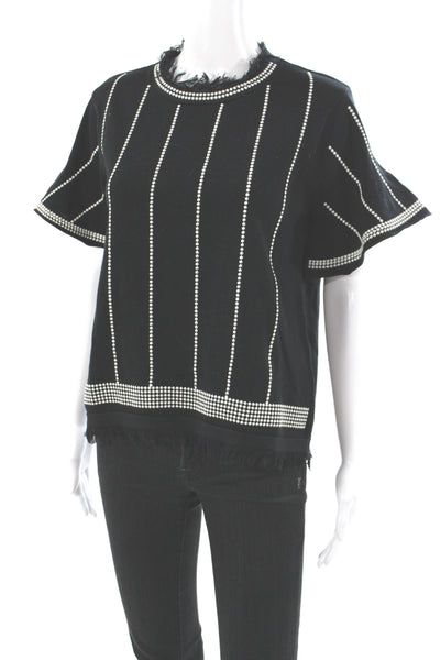 THML Womens Striped Short Sleeve Blouse Black Round Neck 60% Cotton Size S