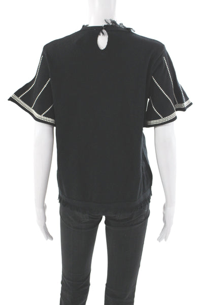 THML Womens Striped Short Sleeve Blouse Black Round Neck 60% Cotton Size S