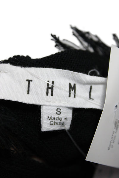 THML Womens Striped Short Sleeve Blouse Black Round Neck 60% Cotton Size S