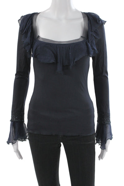 Cordelia Womens Blue Basic Square Neck Long Sleeve Blouse Rayon Size S