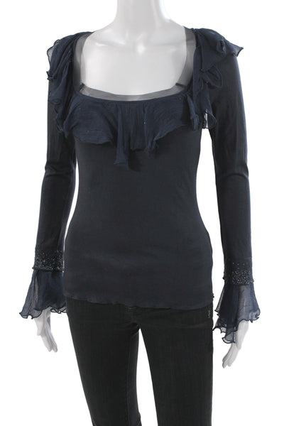 Cordelia Womens Blue Basic Square Neck Long Sleeve Blouse Rayon Size S