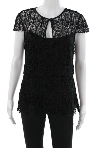 Dana Buchman Women Boho Tunic Blouse Black Short Sleeve Rayon Zip Size 6