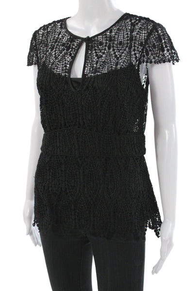 Dana Buchman Women Boho Tunic Blouse Black Short Sleeve Rayon Zip Size 6