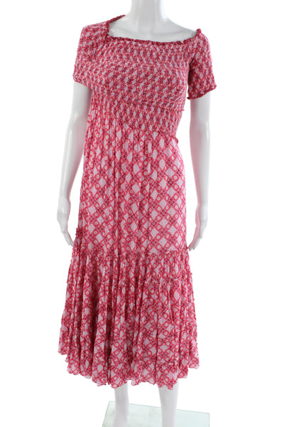 Poupette St Barth Women Maxi Floral Off Shoulder Dress Pink Short Sleeve Size S