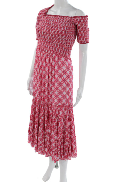Poupette St Barth Women Maxi Floral Off Shoulder Dress Pink Short Sleeve Size S