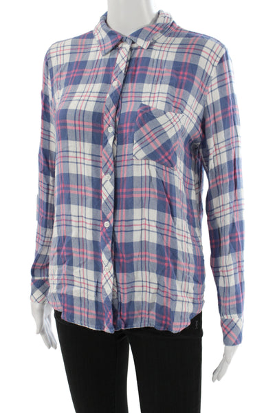 Rails Women Collared Plaid Rayon Long Sleeve Button-Up Blue Size M
