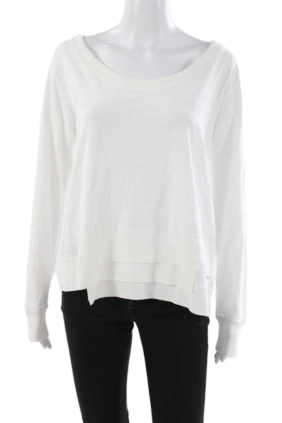 Leallo Women Basic Scoop Neck Long Sleeve Cotton T-Shirt White Size L