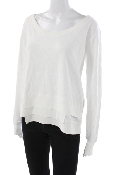Leallo Women Basic Scoop Neck Long Sleeve Cotton T-Shirt White Size L