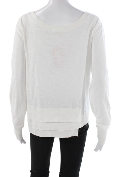 Leallo Women Basic Scoop Neck Long Sleeve Cotton T-Shirt White Size L
