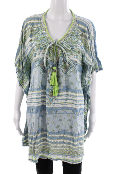 Skemo Womens Bohemian Striped V-Neck Tunic Blouse Blue Tie 3/4 Sleeve Size L