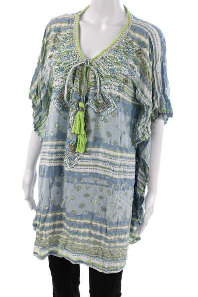 Skemo Womens Bohemian Striped V-Neck Tunic Blouse Blue Tie 3/4 Sleeve Size L