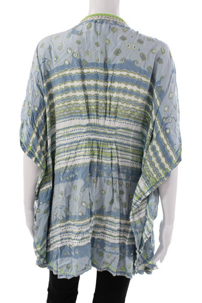 Skemo Womens Bohemian Striped V-Neck Tunic Blouse Blue Tie 3/4 Sleeve Size L