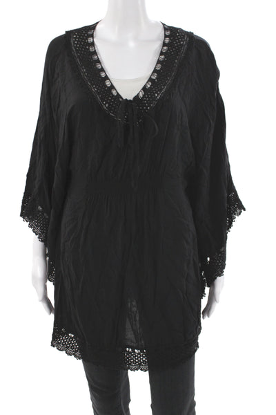 Mono Reno Womens Black V Neck Tunic Blouse 3/4 Sleeve Rayon Size M