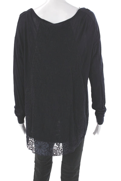 Angela Mara Women Tunic Blouse Black Lace Viscose Long Sleeve Round Neck Size L