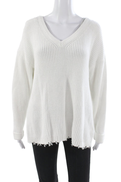 J. Society Women Pullover Sweater White Cotton V-Neck Long Sleeve Size L