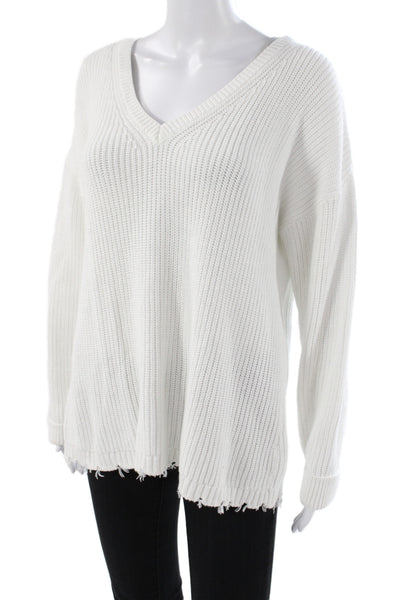 J. Society Women Pullover Sweater White Cotton V-Neck Long Sleeve Size L