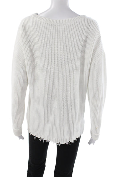 J. Society Women Pullover Sweater White Cotton V-Neck Long Sleeve Size L