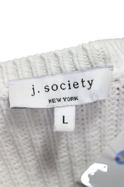 J. Society Women Pullover Sweater White Cotton V-Neck Long Sleeve Size L