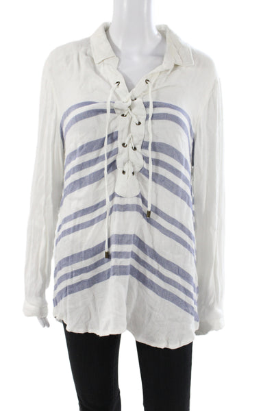 Vintage Havana Women Tunic Blouse Blue Striped Rayon Long Sleeve Size L