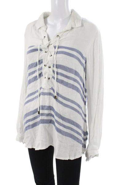 Vintage Havana Women Tunic Blouse Blue Striped Rayon Long Sleeve Size L