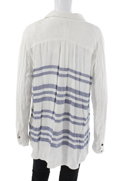 Vintage Havana Women Tunic Blouse Blue Striped Rayon Long Sleeve Size L