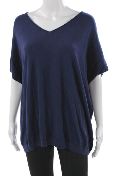 Vince Women V-Neck Short Sleeve Pullover Sweater Blue Size M