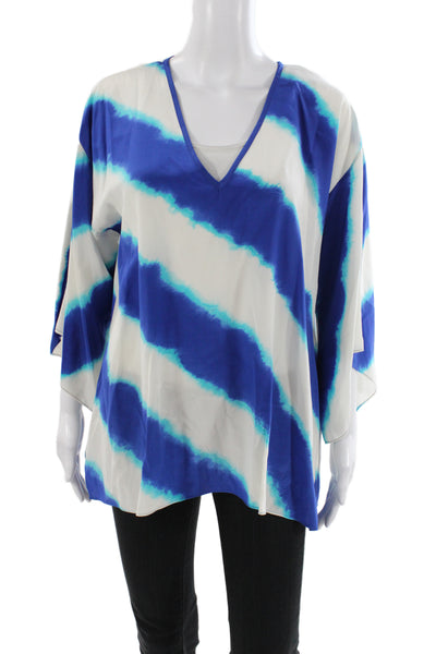 Michael Michael Kors Women Silk Striped V-Neck Tunic Blue 3/4 Sleeve Size M