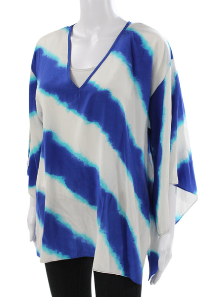 Michael Michael Kors Women Silk Striped V-Neck Tunic Blue 3/4 Sleeve Size M